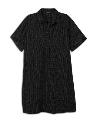 Puckered Linen Grid Classic Collar Dress