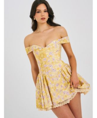  Oana Floral Print Linen Collared Off Shoulder Mini Dress