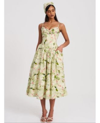  Jacinda Floral Print Ruched Breast Linen Midi Dress
