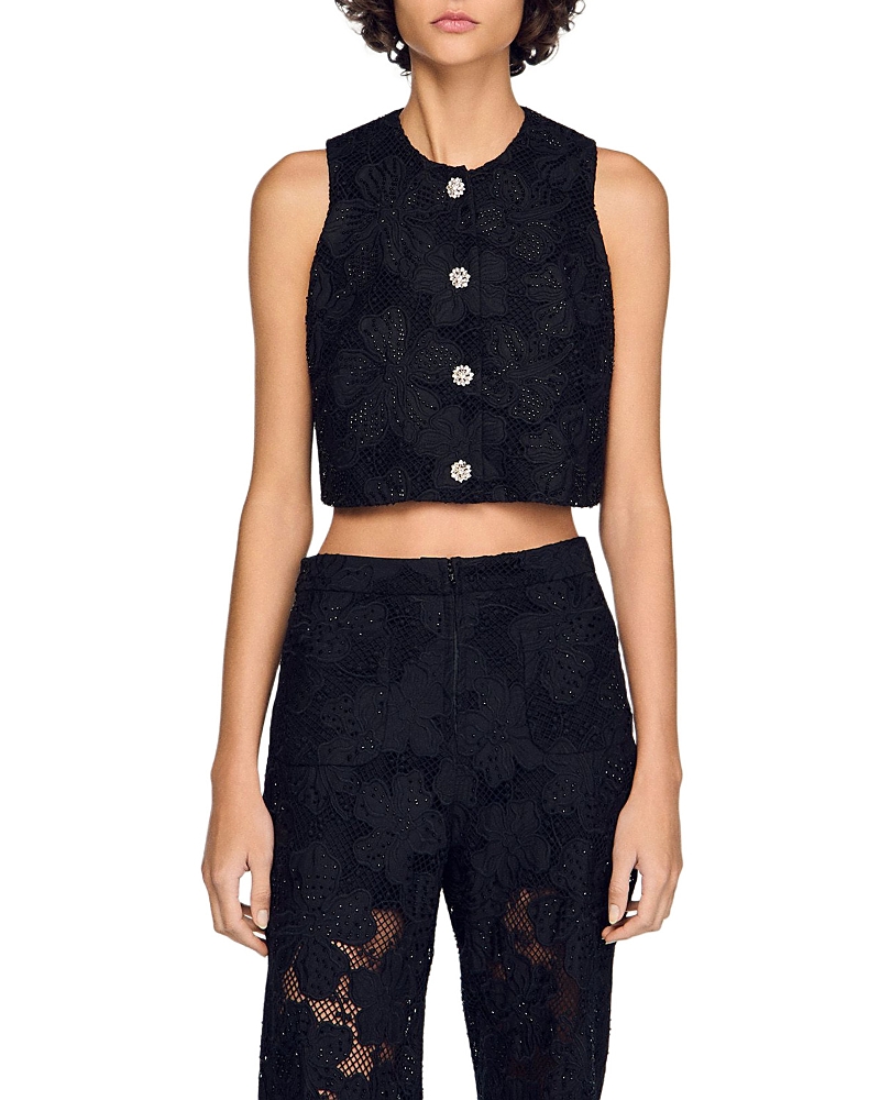 Sandro Embroidered Guipure Lace Crop Top