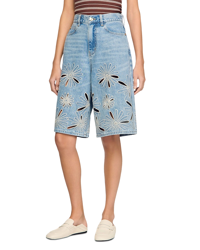 Sandro Embroidered Denim Bermuda Shorts in Blue Jean