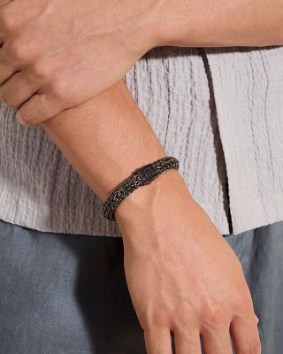 Dark Silver Icon Black Sapphire Pav&eacute; Clasp Woven Link Bracelet, 10.5mm