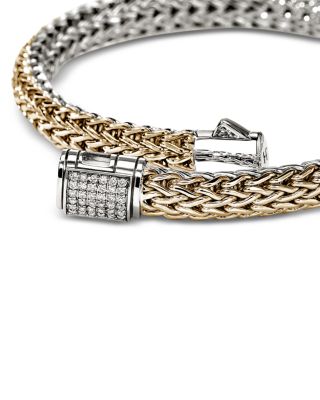 14K Yellow Bonded Gold & Silver Icon Diamond Clasp Reversible Woven Bracelet, 6.5mm