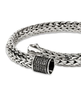 Sterling Silver Icon Black Sapphire Pav&eacute; Clasp Woven Bracelet, 7.5mm