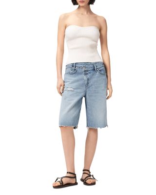 Aki Mid Rise Crossover Jean Shorts in Destroy Light Blue