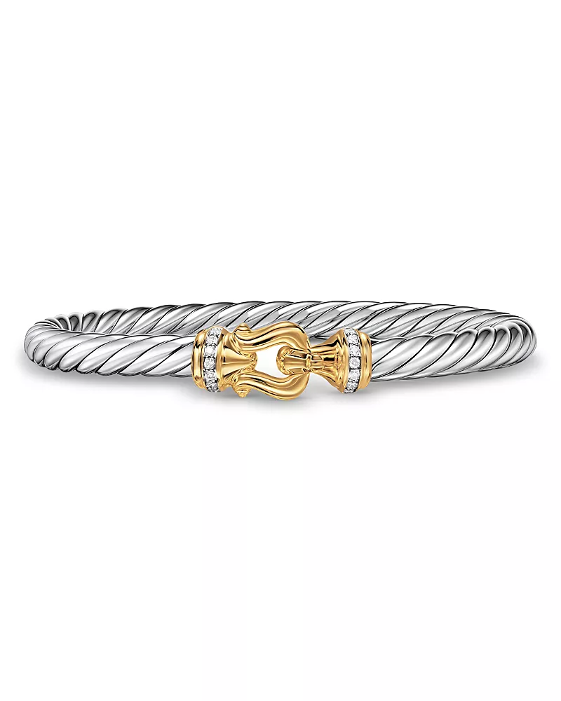 David Yurman Cable Flex Buckle Bracelet in Sterling Silver with 14K Yellow Gold and Diamonds, 6mm