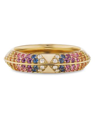 18K Yellow Gold Knife Edge Rainbow Sapphire & Diamond Band