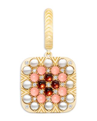 18K Yellow Gold 1975 Multi Gemstone & Diamond Granny Squares Agnes Single Drop Huggie Hoop Earring