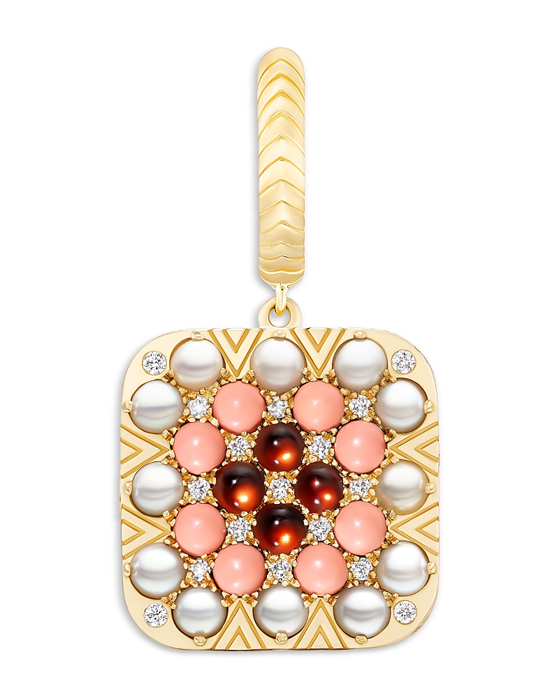 Harwell Godfrey 18K Yellow Gold 1975 Multi Gemstone & Diamond Granny Squares Agnes Single Drop Huggie Hoop Earring