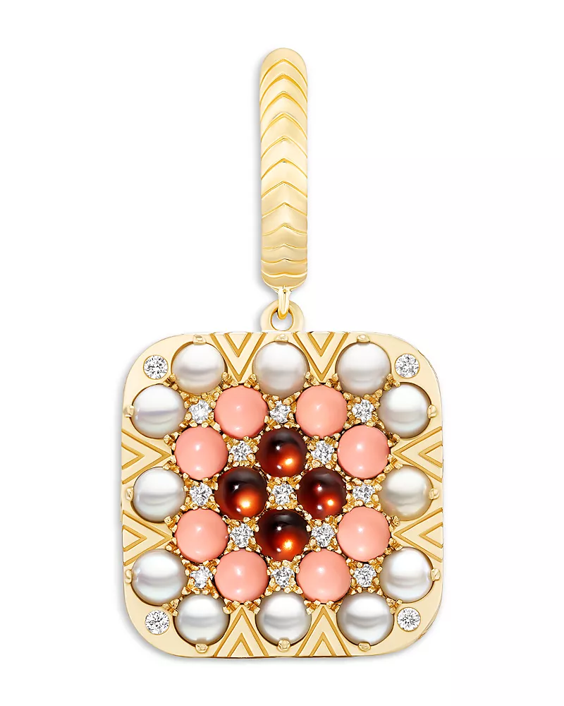 Harwell Godfrey 18K Yellow Gold 1975 Multi Gemstone & Diamond Granny Squares Agnes Single Drop Huggie Hoop Earring