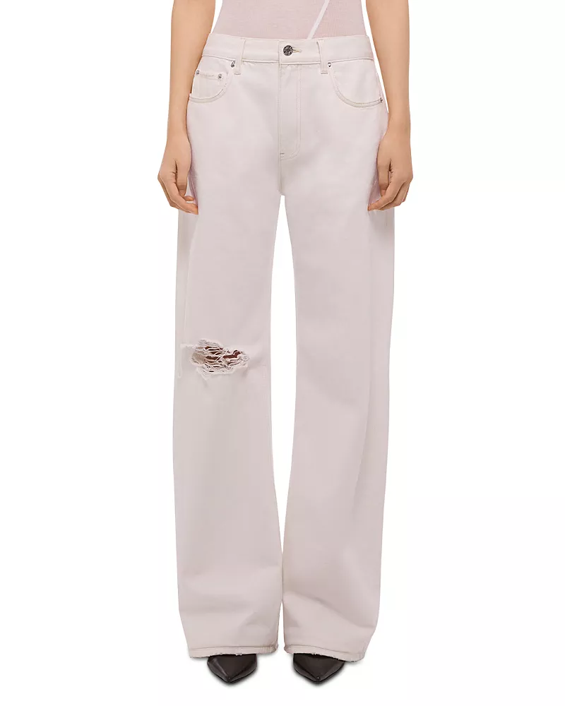 Helmut Lang Distressed High Rise Bootcut Jeans in Matte White