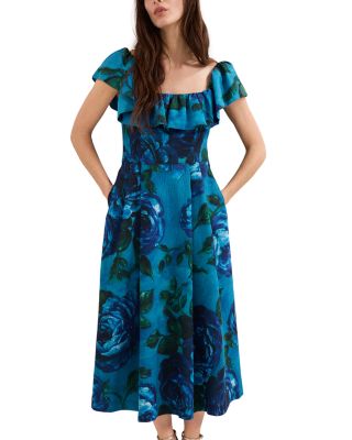 Brianne Blue Floral Ruffle Midi Dress
