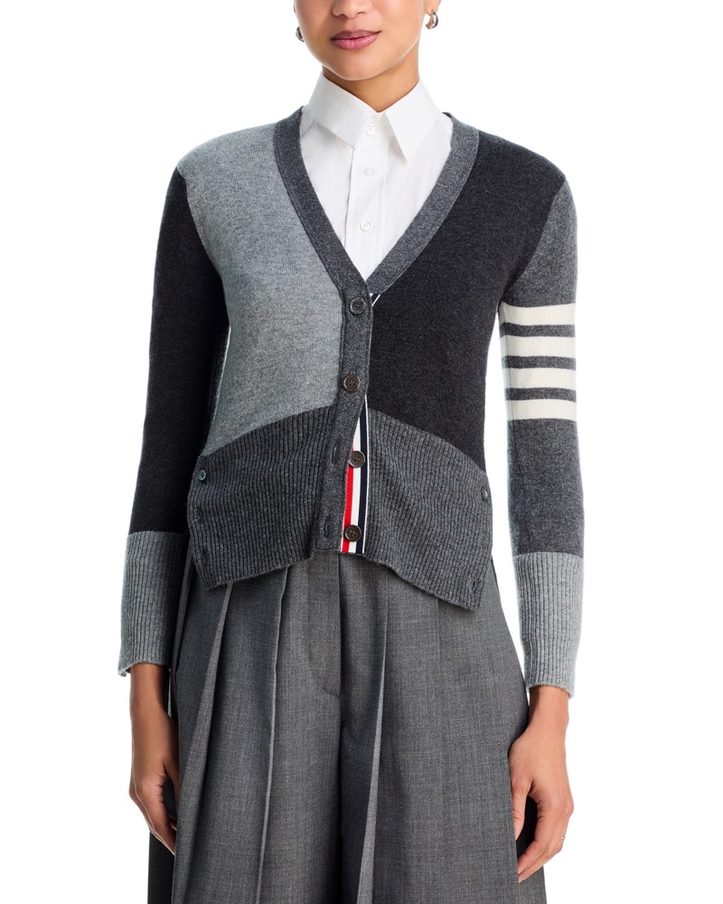 Thom Browne Funmix Classic Fit V Neck Cashmere Cardigan in Tonal Grey