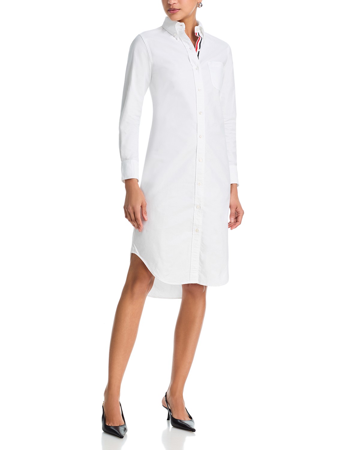 Thom Browne Classic Long Sleeve Button Down Point Collar Shirtdress in White