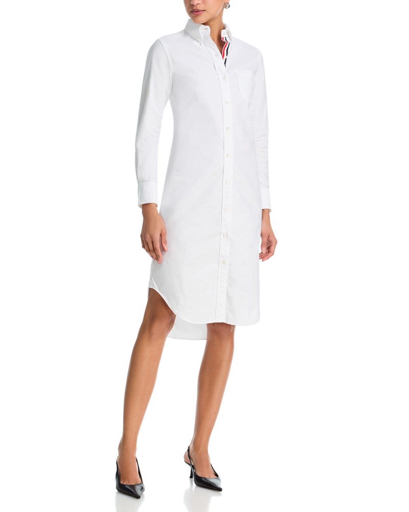 Thom Browne Classic Long Sleeve Button Down Point Collar Shirtdress in White
