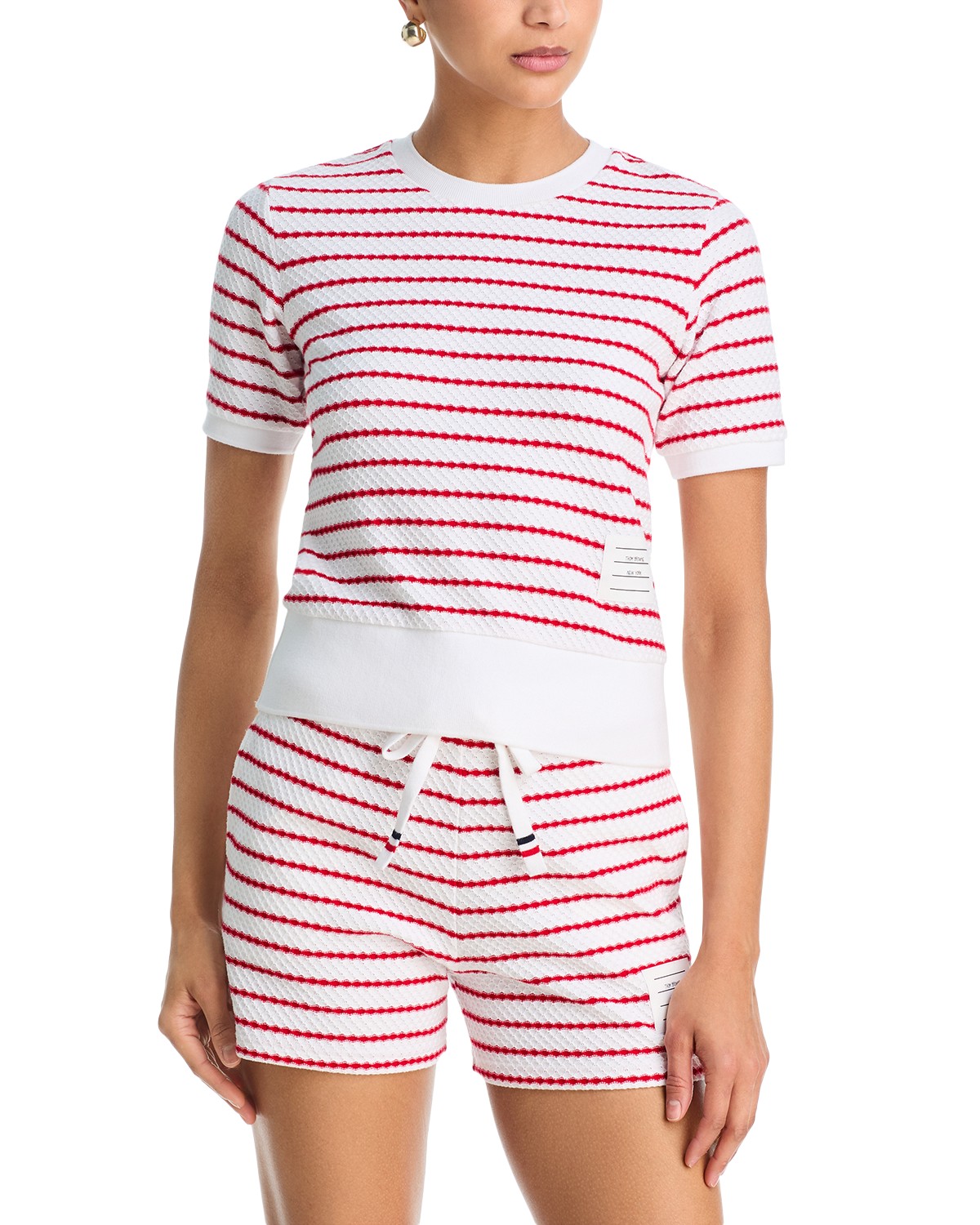 Thom Browne Striped Textured Honeycomb Short Sleeve Tee in White/Red