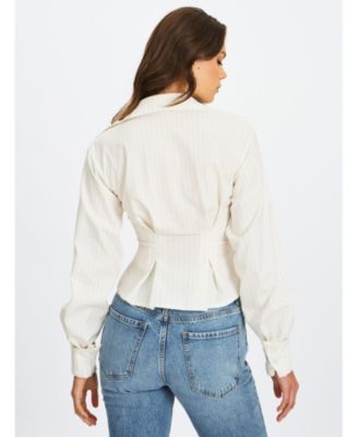  Sylvia Pinstripe Deep V Pleated Shirt