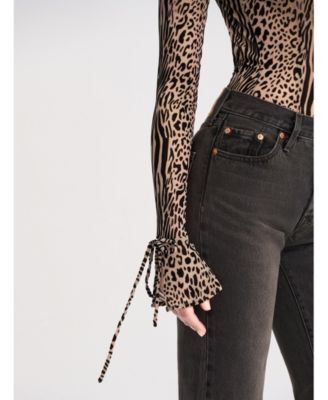  Ibera Animal Print Burnout Velvet Long Sleeve Bodysuit