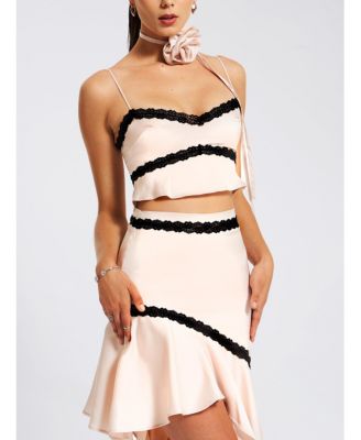  Yareli Lace Trim Satin Strappy Top