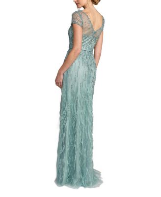  Embellished Net Short Sleeve Feather Gown