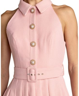 Pleated A Line Mini Dress with Pearl Button Detail