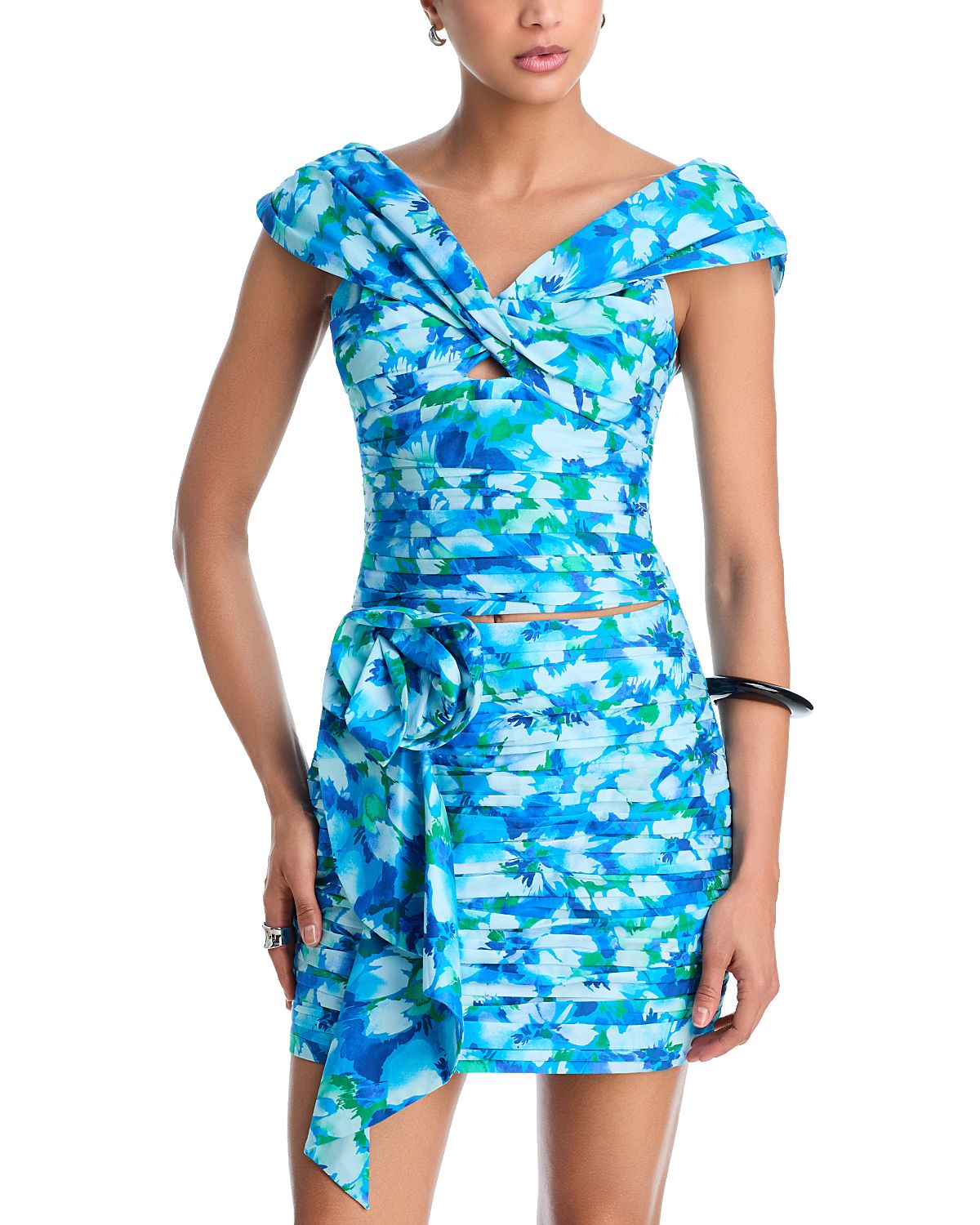 Aqua Floral Off The Shoulder Twist Top - Exclusive