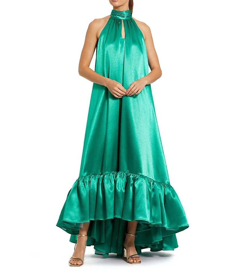 Mac Duggal Sleeveless Halter Neck Keyhole Satin High Low Gown