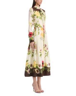 Long Sleeve Tie Neck Multi Floral Silk Twill Print Dress