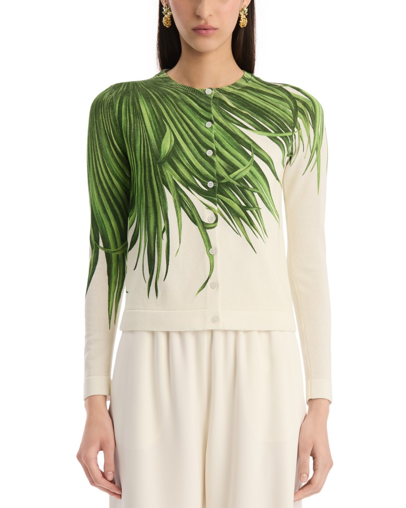 Oscar de la Renta Printed Palm Tree Knit Cardigan Sweater in Green/Ivory