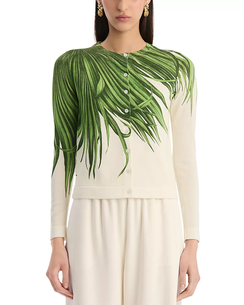 Oscar de la Renta Printed Palm Tree Knit Cardigan Sweater