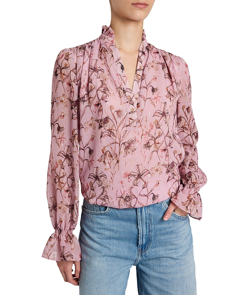 Santorelli Chelsea Long Sleeve Ruffle Neck Blouse in Printed Georgette