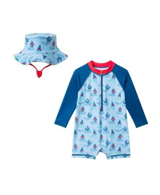 Boys' Sailboat Long Sleeve Swim Romper with Hat - Baby