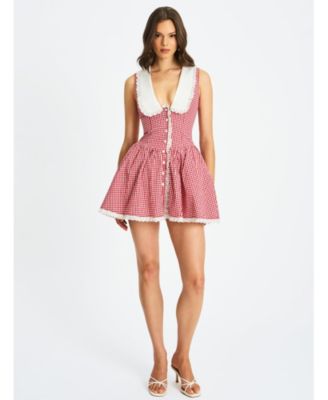  Nala Gingham Eyelet Lace Trim Peterpan Collar Mini Dress