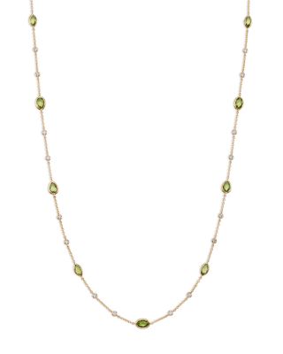 Peridot Bezel & Diamond Station Necklace in 14K Yellow Gold, 18"