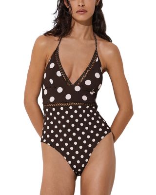 Polka Dot Lattice Trim One Piece Swimsuit