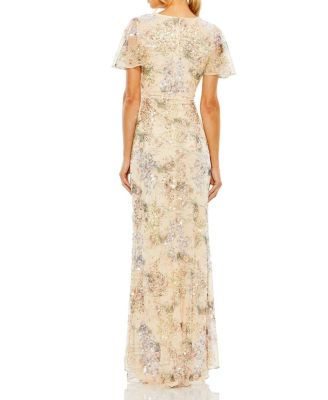 Flutter Sleeve Embellished Evening Gown