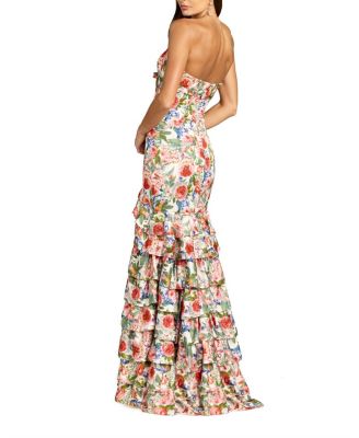 Strapless Floral Charmeuse Ruffle A Line Gown