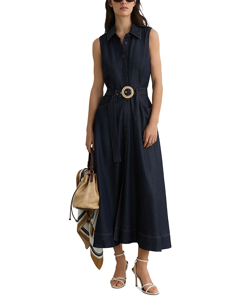 Reiss Remi Button Front Denim Dress in Indigo Blue