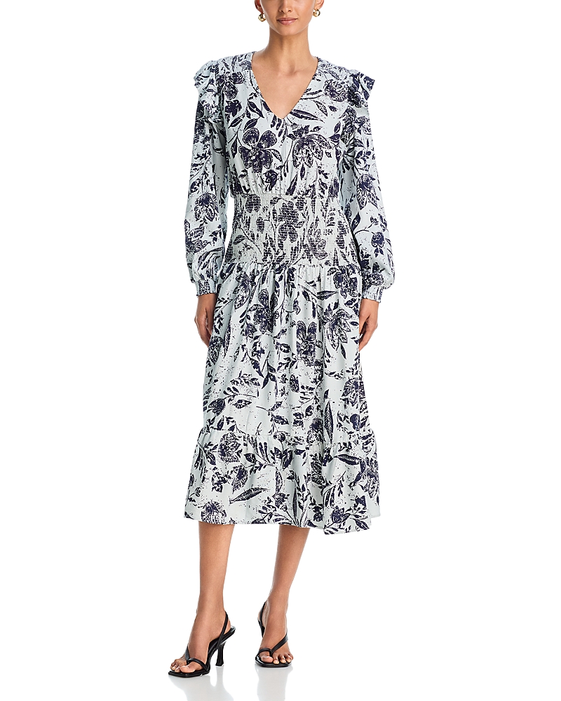 Aqua Long Sleeve V Neck Smocked Waist Midi Dress - Exclusive