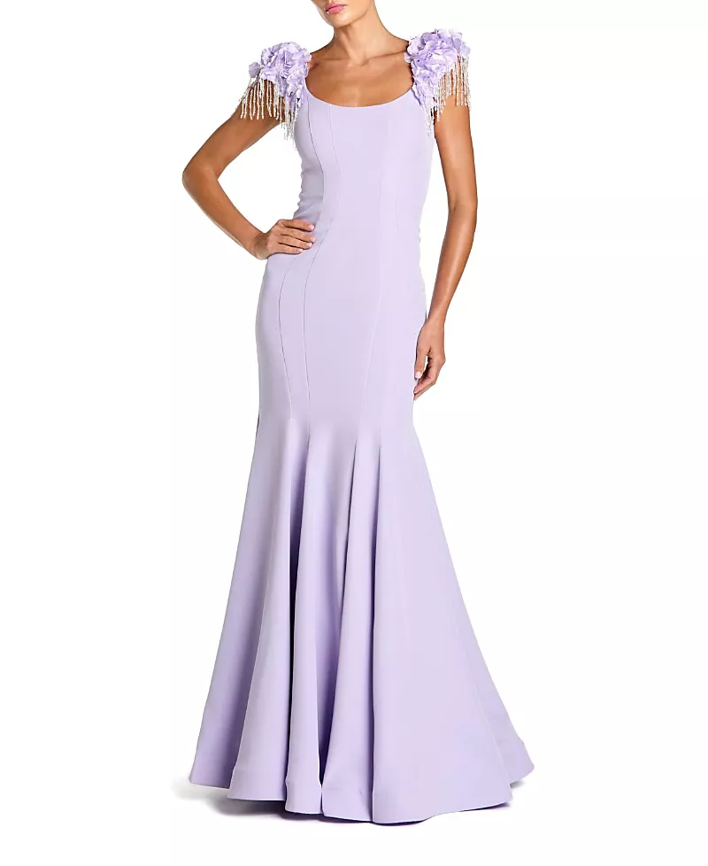 Mac Duggal Scoop Neck Mermaid Gown With Embellished Sleeves