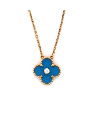  Vintage Alhambra Pendant Necklace 18K Gold and Blue Sevres Porcelain with Diamond, 16.25"