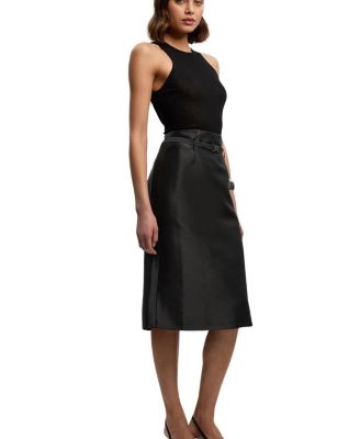 Satin Twill Belted Tailored Midi Skirt