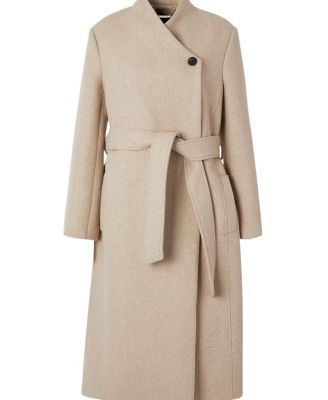 Wool Wrap Neck Tailored Belted Midi Coat