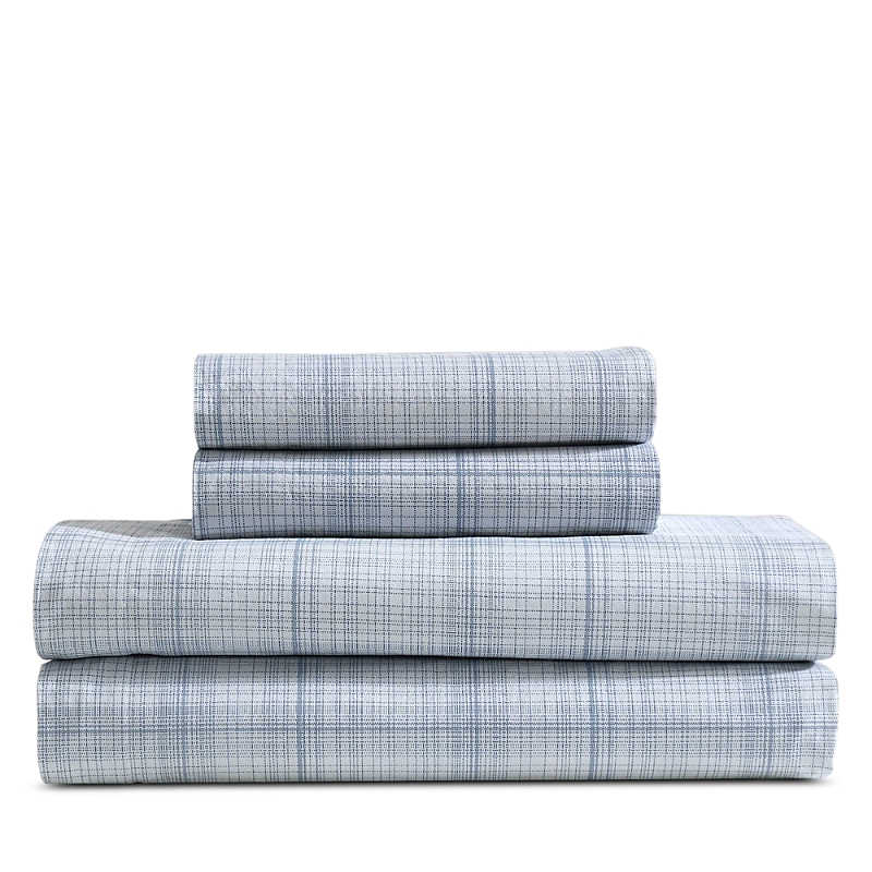 Calvin Klein Multi Grid Washed Cotton Percale 4 Piece Sheet Set, King In Blue