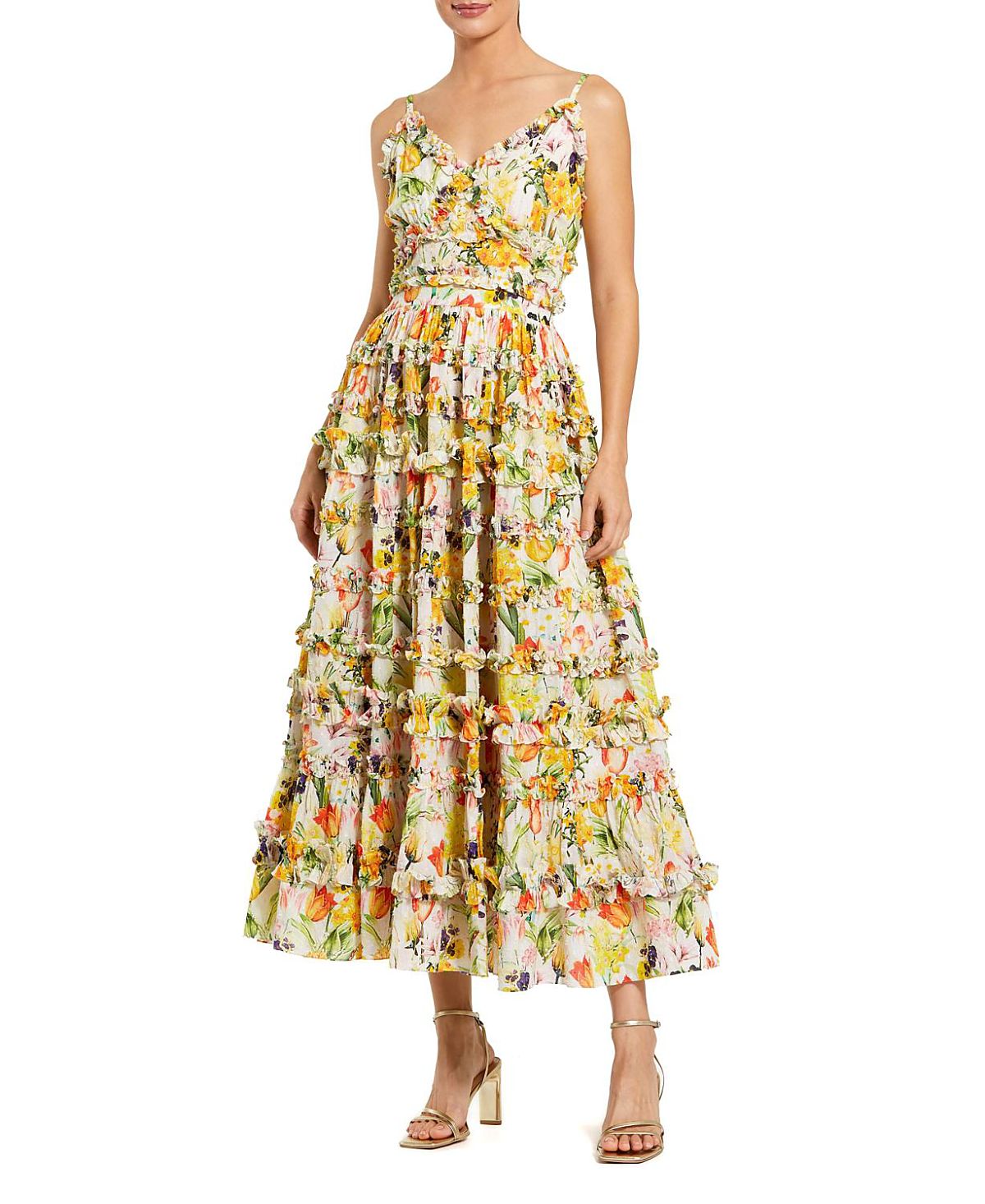 Mac Duggal Floral Print Ruffle Tiered Midi Dress