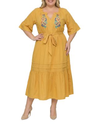 Plus Boho Embroidered Notched Tie Waist Half Sleeve Midi Dress