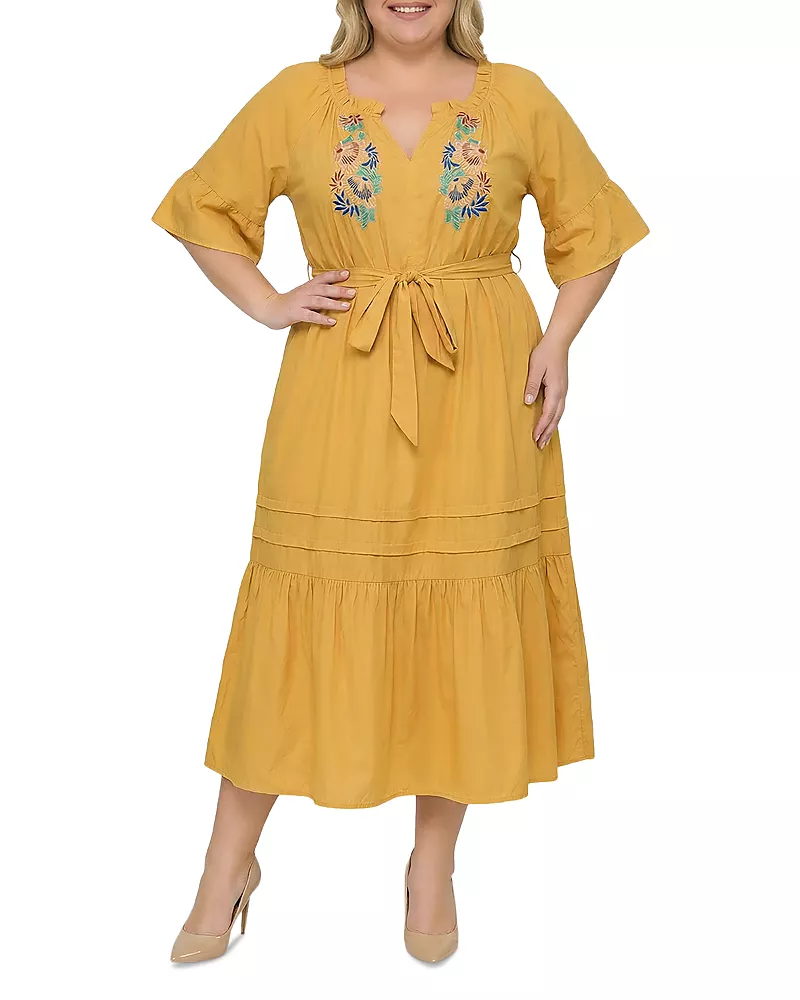 standards & practices Plus Boho Embroidered Notched Tie Waist Half Sleeve Midi Dress