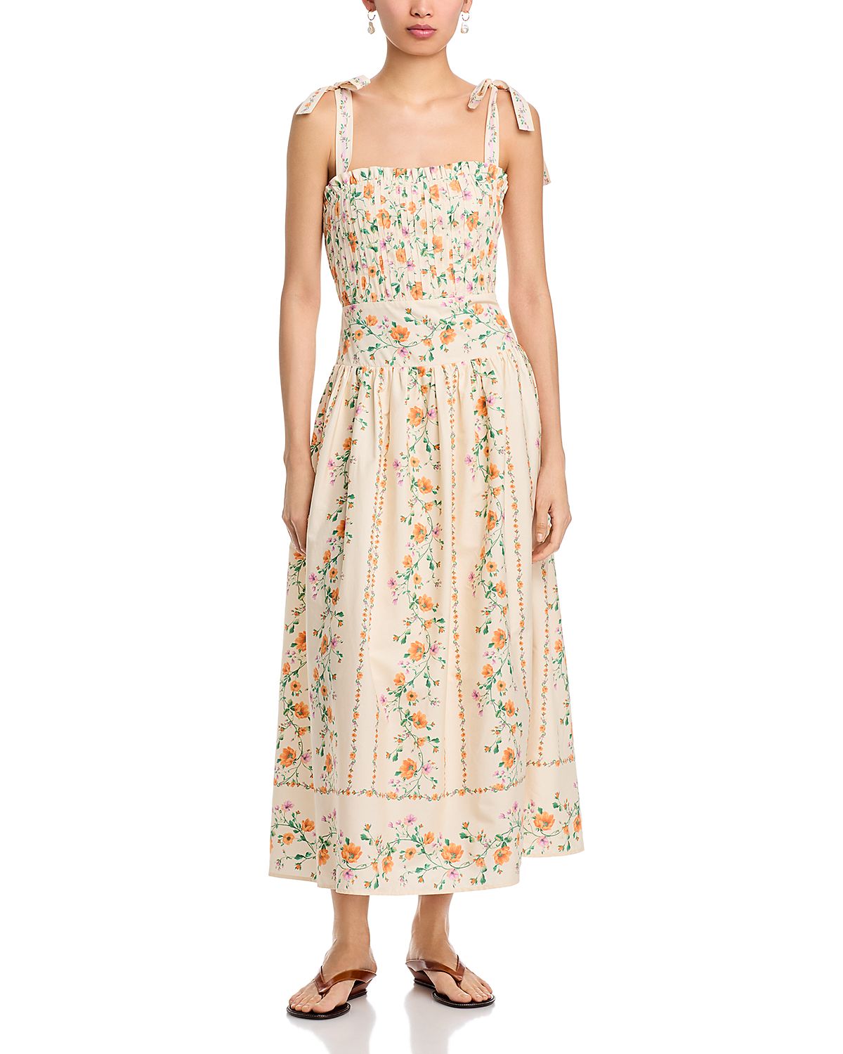Moon River Tie Strap Smocked Back Midi Dress