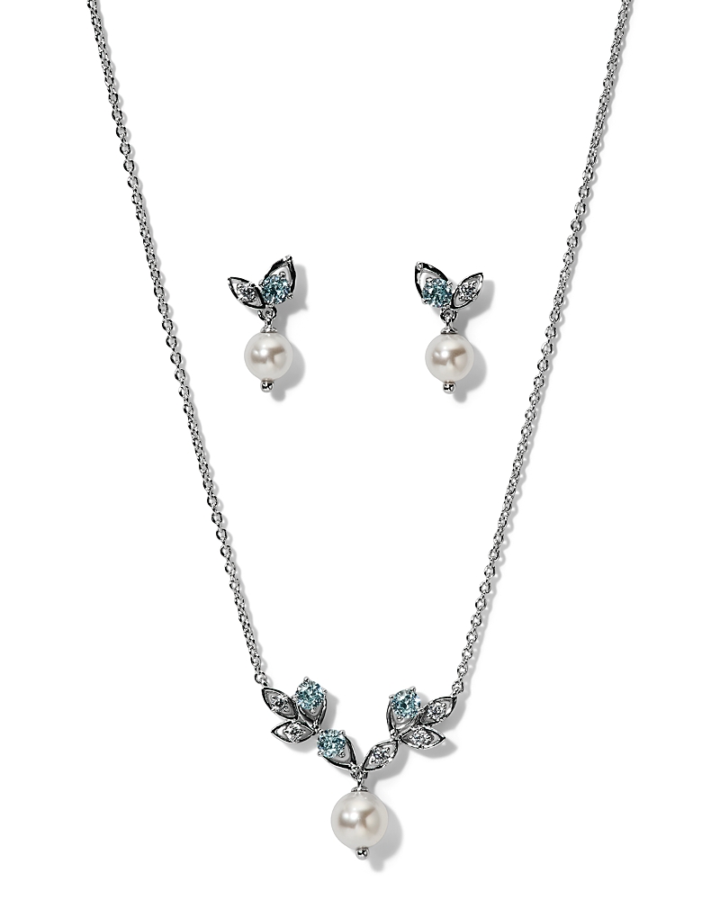Nadri Adorn Imitation Pearl Vine Lariat Necklace & Drop Earrings Set In Silver