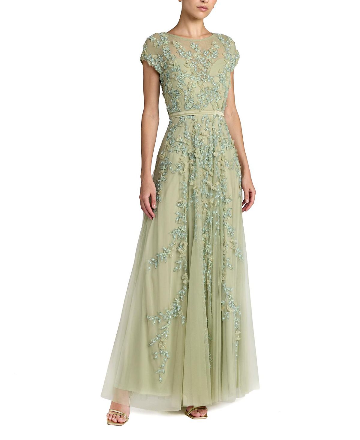 Mac Duggal Floral Embellished Short Sleeve Mesh Gown